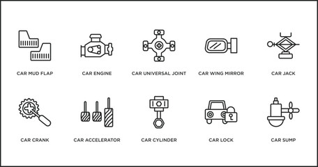car parts outline icons set. thin line icons such as car universal joint, car wing mirror, jack, crank, accelerator, cylinder, lock vector.