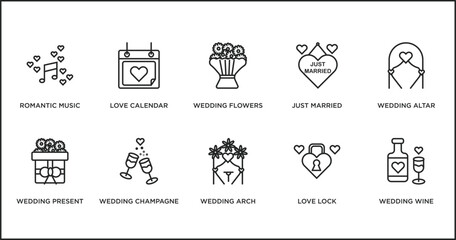 birthday and party outline icons set. thin line icons such as wedding flowers, just married, wedding altar, wedding present, champagne, arch, love lock vector.