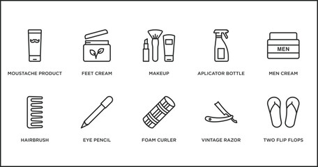Fototapeta premium beauty outline icons set. thin line icons such as makeup, aplicator bottle, men cream, hairbrush, eye pencil, foam curler, vintage razor vector.