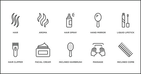 beauty outline icons set. thin line icons such as hair spray, hand mirror, liquid lipstick, hair clipper, facial cream, inclined hairbrush, massage vector.