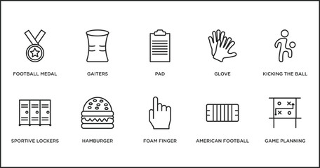 american football outline icons set. thin line icons such as pad, glove, kicking the ball, sportive lockers, hamburger, foam finger, american football mark vector.