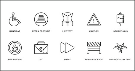 alert outline icons set. thin line icons such as life vest, caution, intravenous, fire button, kit, ahead, road blockade vector. - obrazy, fototapety, plakaty