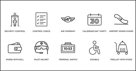 airport terminal outline icons set. thin line icons such as air company, calendar day thirty, airport down stairs, purse with bill, pilot helmet, terminal watch, disable vector. © IconArt