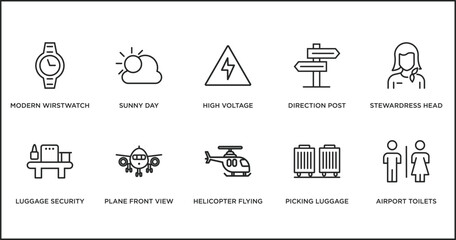 airport terminal outline icons set. thin line icons such as high voltage, direction post, stewardress head, luggage security, plane front view, helicopter flying, picking luggage vector.