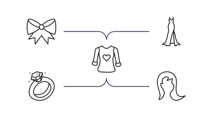 woman clothing outline icons set. thin line icons such as bow black, long black gown, heart shaped clothes, diamond ring, female long hair vector.
