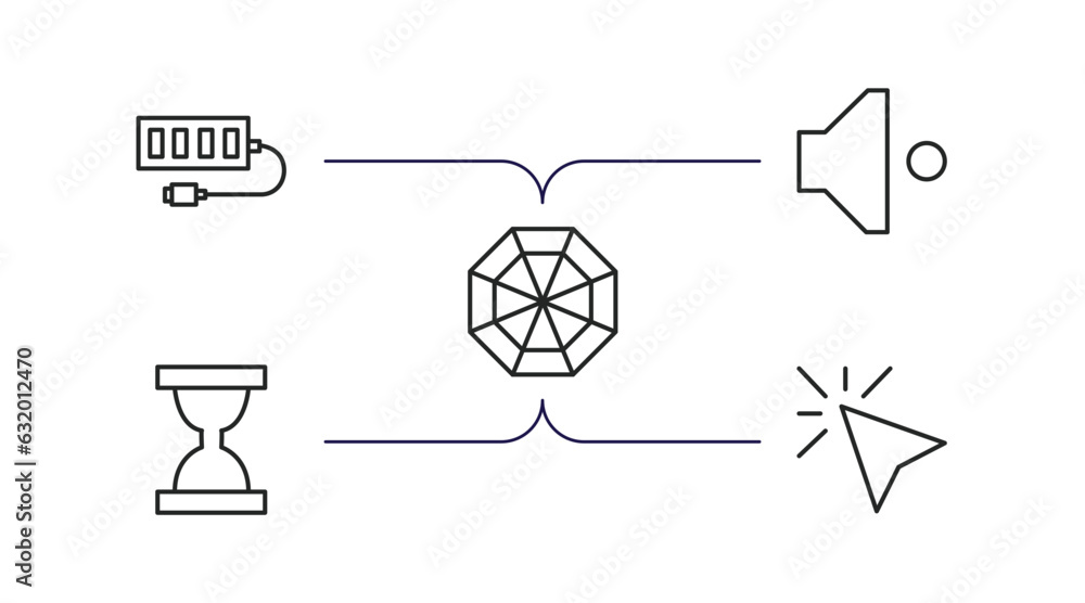 Poster user interface outline icons set. thin line icons such as usb port, low volume, spider web, waiting,