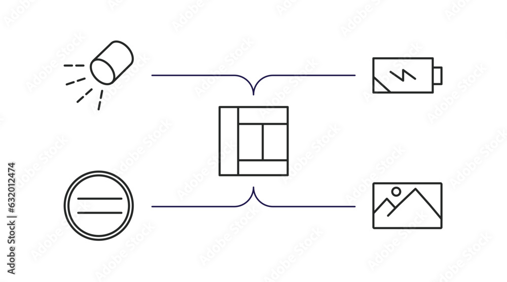 Poster user interface outline icons set. thin line icons such as lightining, charging status, layout, pause