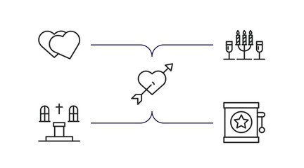 valentines day outline icons set. thin line icons such as valentines heart, romantic, love and romance, altar, jack in the box vector.