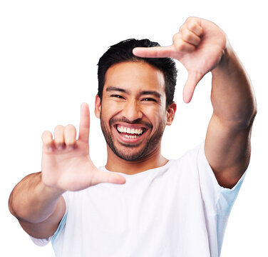 Happy, hand frame and portrait of a man for a selfie, creative aesthetic isolated in a transparent or png background. Smile, laughing and face of an Asian person confident with a gesture for a photo
