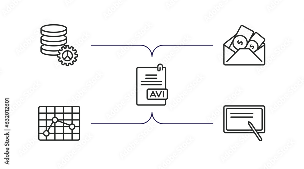 Poster user interface outline icons set. thin line icons such as analytics tings, dollars in a mail, avi ex