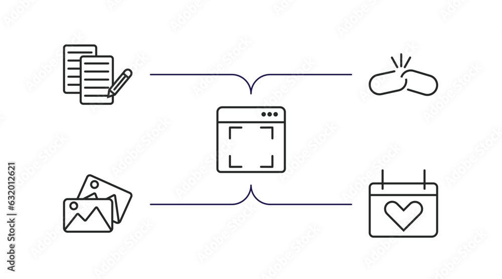 Poster user interface outline icons set. thin line icons such as paper work, disconnected chains, screen in