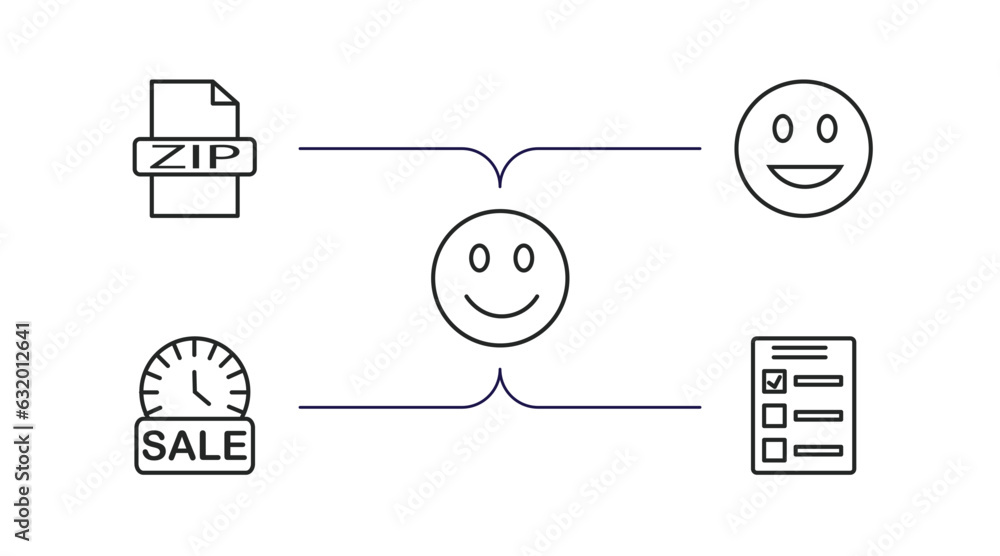 Poster user interface outline icons set. thin line icons such as zip file, smiling smile, smile smile, sale