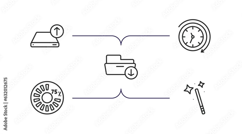 Poster user interface outline icons set. thin line icons such as uploading from drive, anti clockwise, down