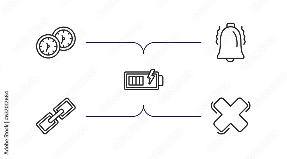 Poster user interface outline icons set. thin line icons such as hours, alarm button, battery loaded, link 