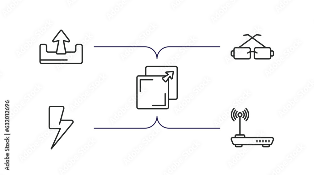 Poster user interface outline icons set. thin line icons such as extract button, square glasses, new tab bu
