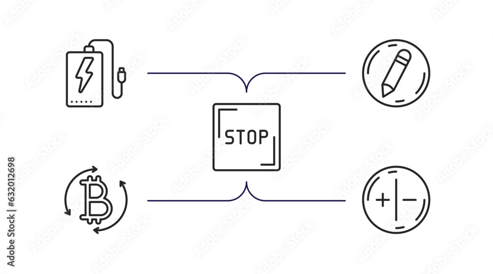 Poster user interface outline icons set. thin line icons such as power bank, edit button, square stop butto