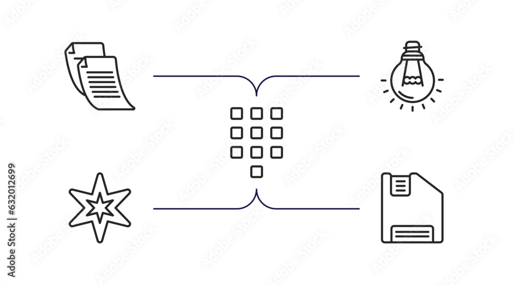 Poster user interface outline icons set. thin line icons such as written paper, tungsten, telephone keypad,