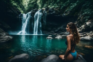 A woman standing in binky looking at waterfall in the forest generated by AI tool
