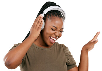 Headphones, black woman and music with happy dancing and excited from listening radio. Smile, African female person and hearing audio and funny singing isolated on a transparent, png background