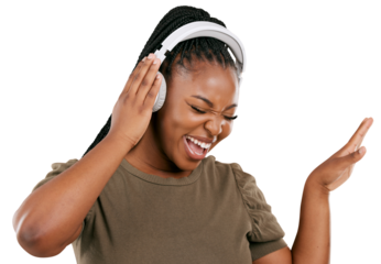 Headphones, black woman and music with happy dancing and excited from listening radio. Smile, African female person and hearing audio and funny singing isolated on a transparent, png background