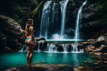 A woman standing in binky looking at waterfall in the forest generated by AI tool