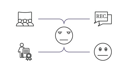 user interface outline icons set. thin line icons such as cinema hall, recording conversation, boring, man certificate, sceptic smile vector.