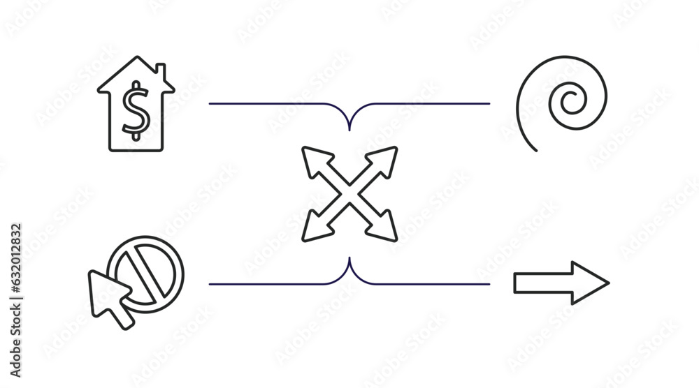 Poster user interface outline icons set. thin line icons such as house value, spiral tool, expand button, f