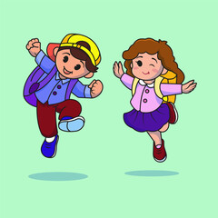 Cute boy and girl have fun going to school. Isolated people education icon concept Premium Vector. flat cartoon style