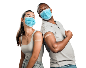 Covid vaccinated, black man and woman with mask, friends and protection isolated on a transparent background. People, showing plaster and face cover with safety regulations, png and corona vaccine