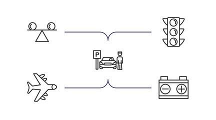 transport outline icons set. thin line icons such as stability, semaphore, parking men, airplane flying, workshop repair vector.