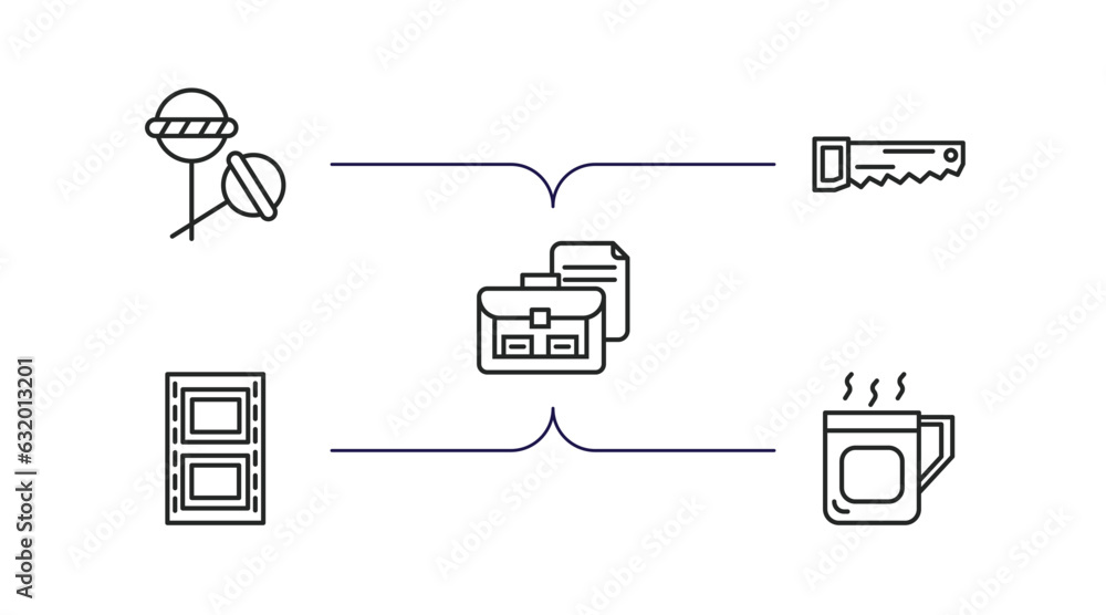 Aufkleber tools and utensils outline icons set. thin line icons such as candies, carpentry, briefcase and docu