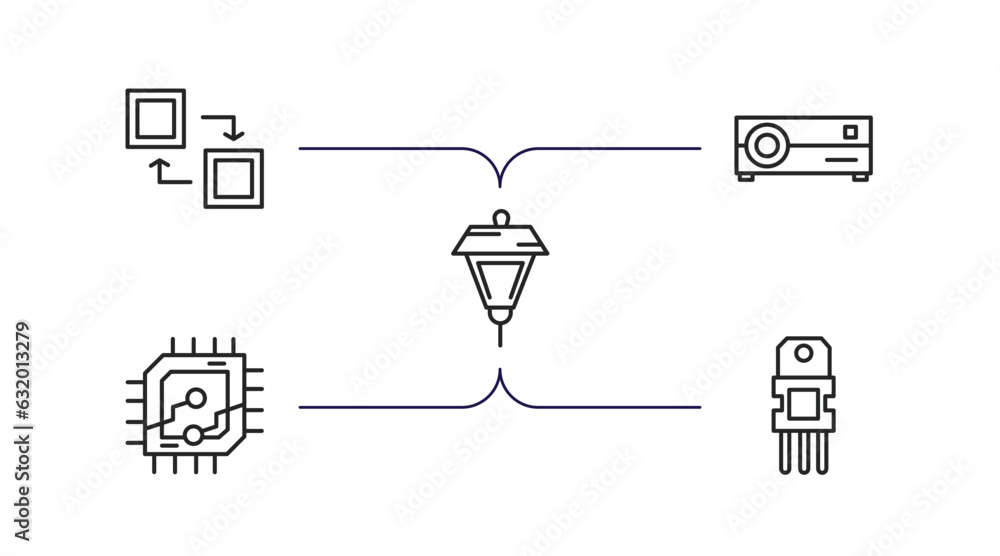 Poster technology outline icons set. thin line icons such as mode, cinema projector, lamp post, computer mi
