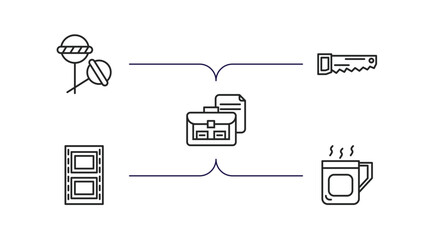 tools and utensils outline icons set. thin line icons such as candies, carpentry, briefcase and document, film strip photograms, cup of hot coffee vector.