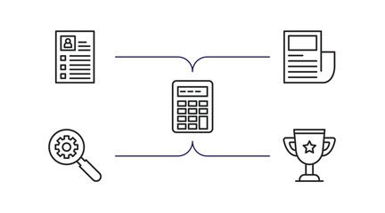 strategy outline icons set. thin line icons such as resume, newspaper, calculating, resource, trophy vector.