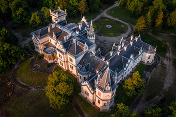 Nadasdladany, Hungary - Aerial view of the beautiful Nadasdy Mansion (Nadasdy-kastely) at the small village of Nadasdladany in warm sunlight on a summer morning