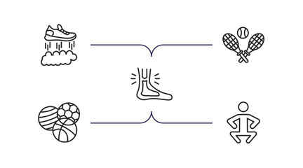 sports outline icons set. thin line icons such as flying shoes, tennis game, sprained ankle, balls, squat vector.