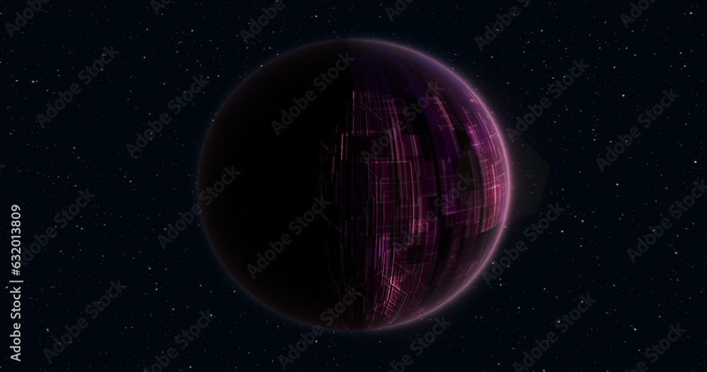 Poster abstract realistic planet purple hi-tech luminous round sphere in space against the background of st