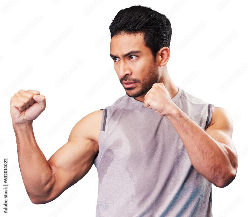 Poster Fitness, man fist and fighter training, sports and exercise with boxing and muscle. Male person, sweat and athlete with power and energy from workout or fight isolated on transparent, png background