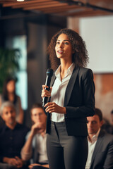 A Confident Businesswoman Giving a Presentation at a Corporate Conference, Expert Leader with Leadership Skills, Generative AI
