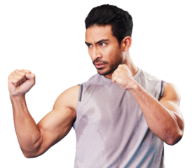 Fitness, man fist and fighter training, sports and exercise with boxing and muscle. Male person, sweat and athlete with power and energy from workout or fight isolated on transparent, png background