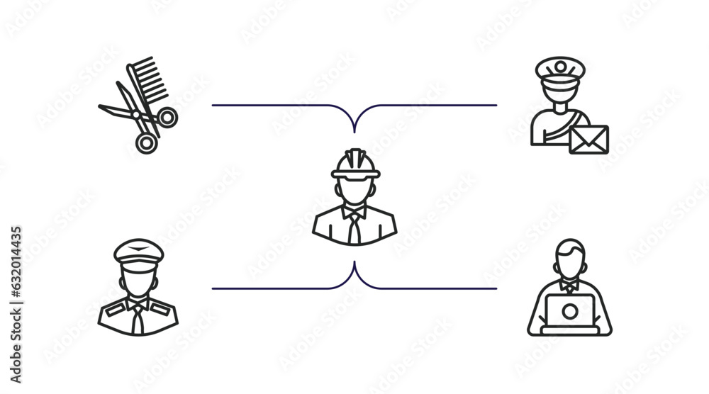 Poster professions outline icons set. thin line icons such as barber, postman, engineer, pilot, programmer 