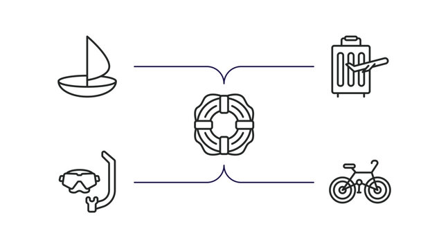 people skills outline icons set. thin line icons such as round sailboat, traveler, rescuer, diving mask, cyclist vector.