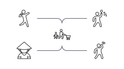 people outline icons set. thin line icons such as shot put, man making soap bubbles, father and son shopping, chinese man, goodbye vector.