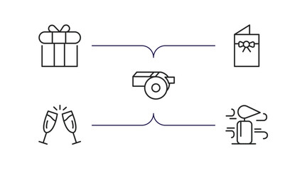 party outline icons set. thin line icons such as giftbox with ribbon, birthday card, wistle, birthday toast, blowing candle vector.