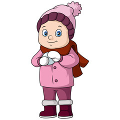 Cute little boy cartoon in winter clothes with snowballs