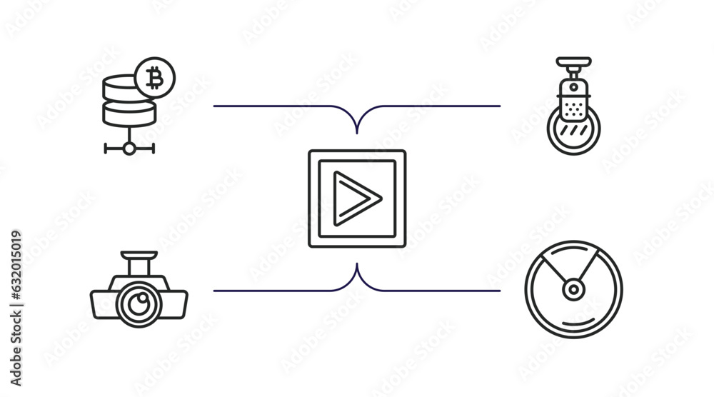 Poster multimedia outline icons set. thin line icons such as bitcoin storage, condenser, square play button