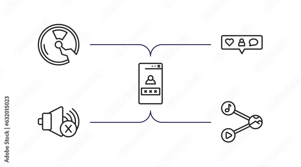 Poster multimedia outline icons set. thin line icons such as broken disc, interface, web log in, speaker mu