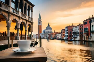 Fototapeta premium A cup of coffee and a flower vase on the table in front of the Canal in Venice during sunset, in the style of captivating cityscapes. Generative AI