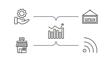 marketing outline icons set. thin line icons such as service, open, performance, shop, rss vector.