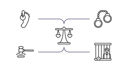 law and justice outline icons set. thin line icons such as corpse, criminal, justice scale, case closed, prisioner vector.